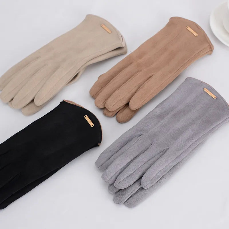High-quality women's suede and cashmere lined gloves, designed for warmth and touchscreen use