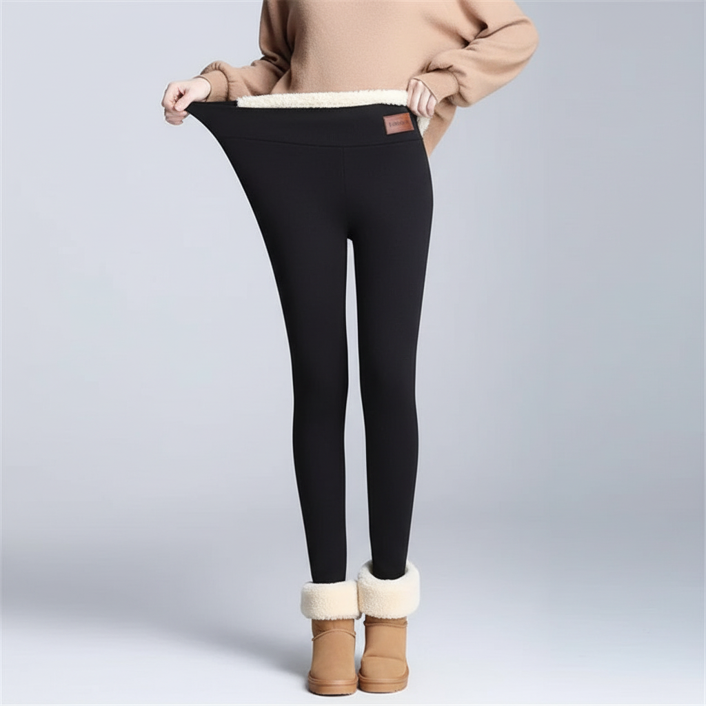 Front view of cozy women's thermal leggings, fleece-lined for warmth, ideal as loungewear.
