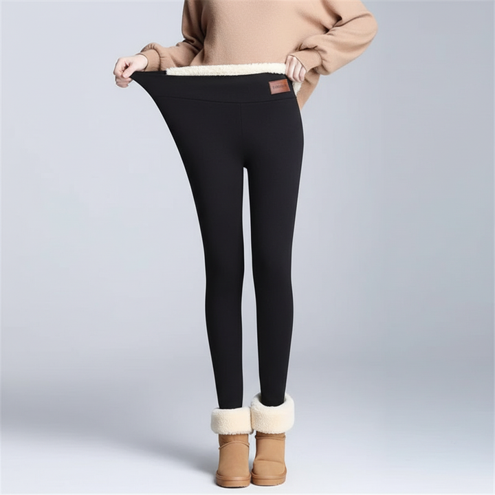 Front view of cozy women's thermal leggings, fleece-lined for warmth, ideal as loungewear.