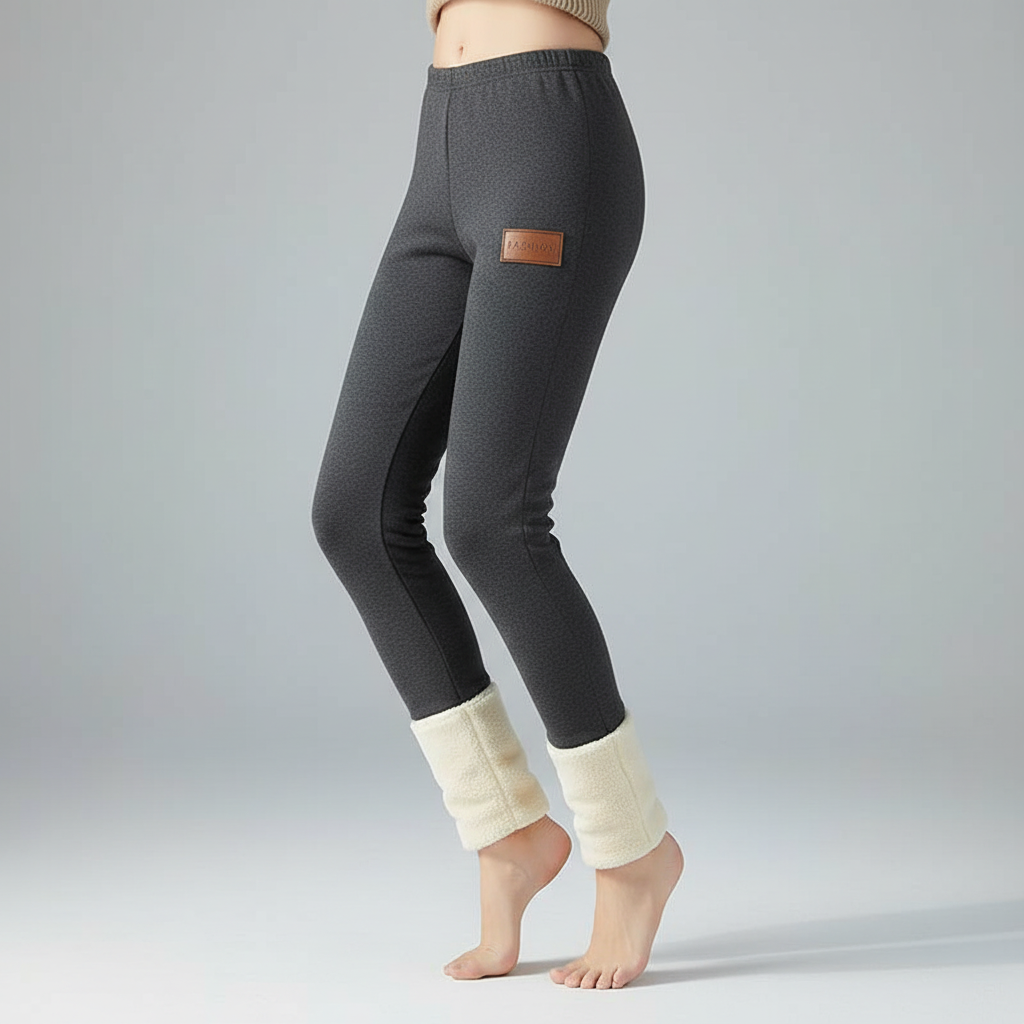 Comfortable women's black thermal leggings, fleece-lined and warm, perfect for cold weather or lounging.
