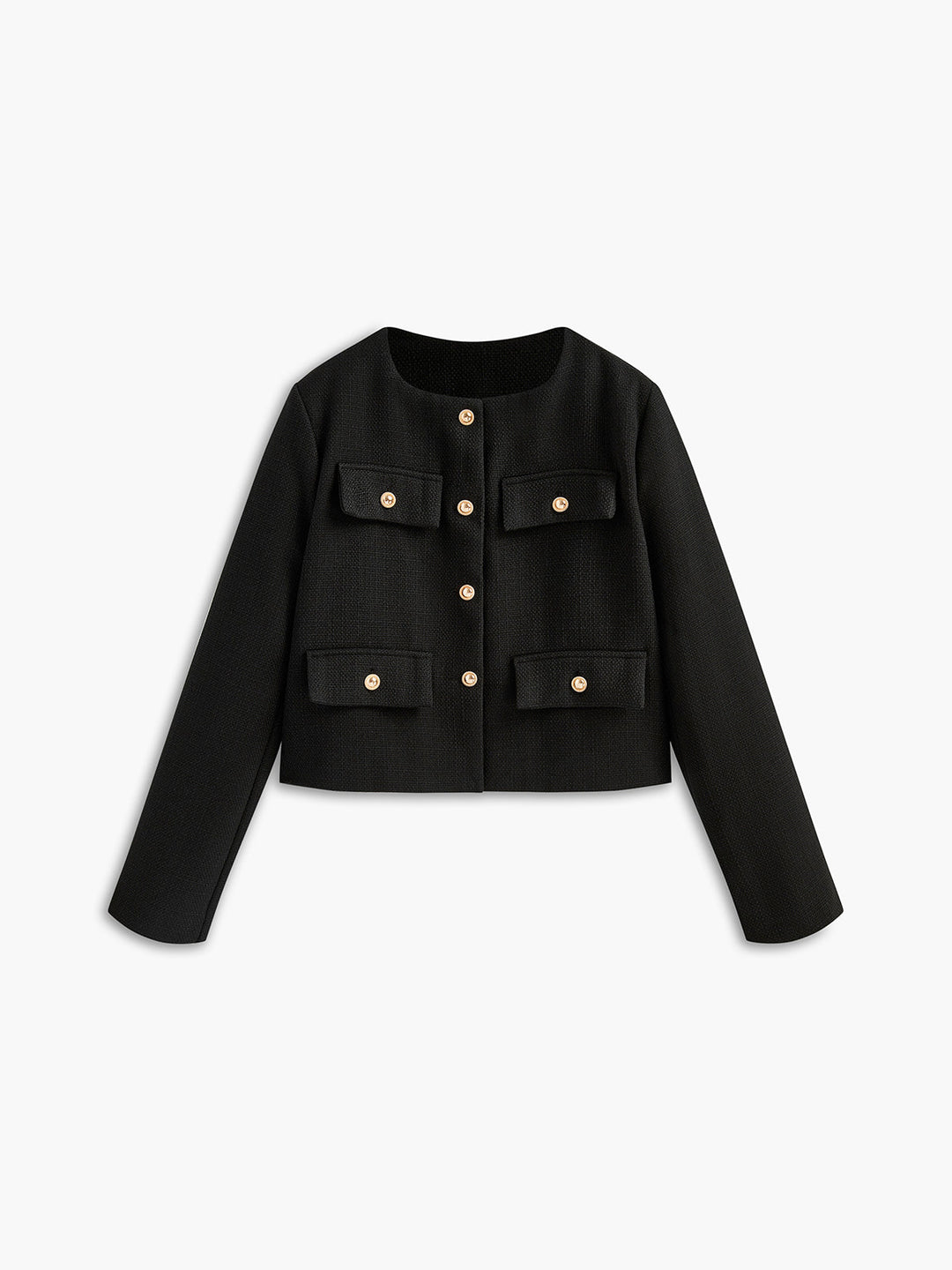 Women's black tweed blazer with elegant gold buttons, perfect for professional or chic business attire. Sophisticated long sleeve jacket.