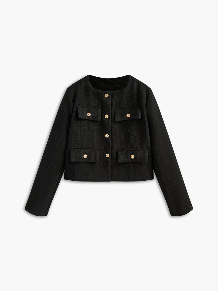 Women's black tweed blazer with elegant gold buttons, perfect for professional or chic business attire. Sophisticated long sleeve jacket.