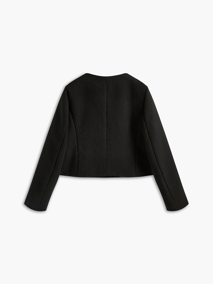 Sophisticated black women's blazer with prominent gold buttons, crafted from tweed. Chic, regular fit jacket for women.
