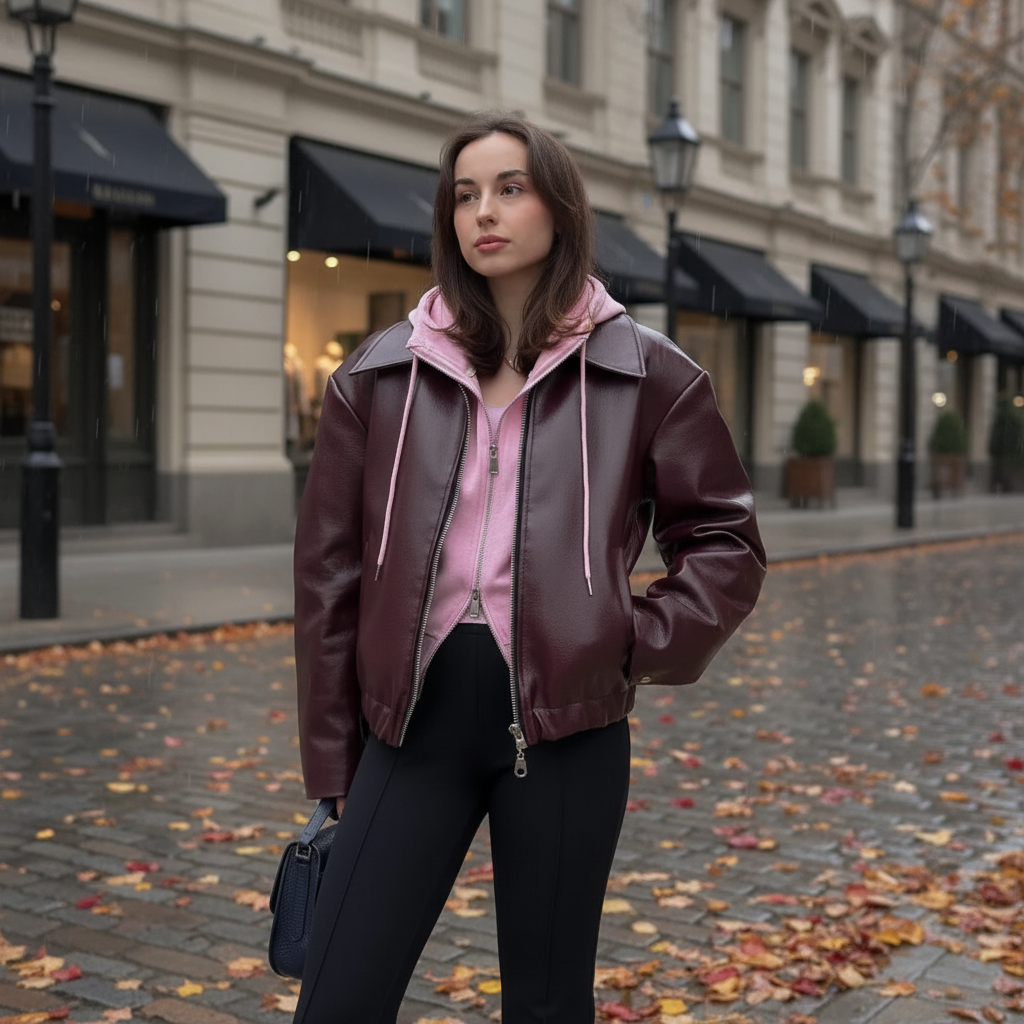 Women's black vegan leather moto jacket 'Elena' with zippers, front view, perfect for autumn fashion