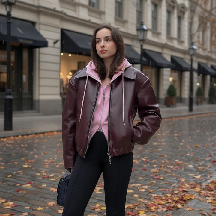 Women's black vegan leather moto jacket 'Elena' with zippers, front view, perfect for autumn fashion