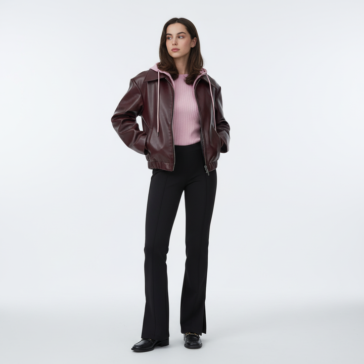 Stylish women's 'Elena' faux leather short jacket, black with silver hardware, ideal for winter outerwear