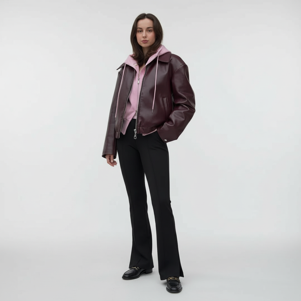 Mannequin wearing the 'Elena' women's vegan leather jacket, showcasing its fit and fashionable design