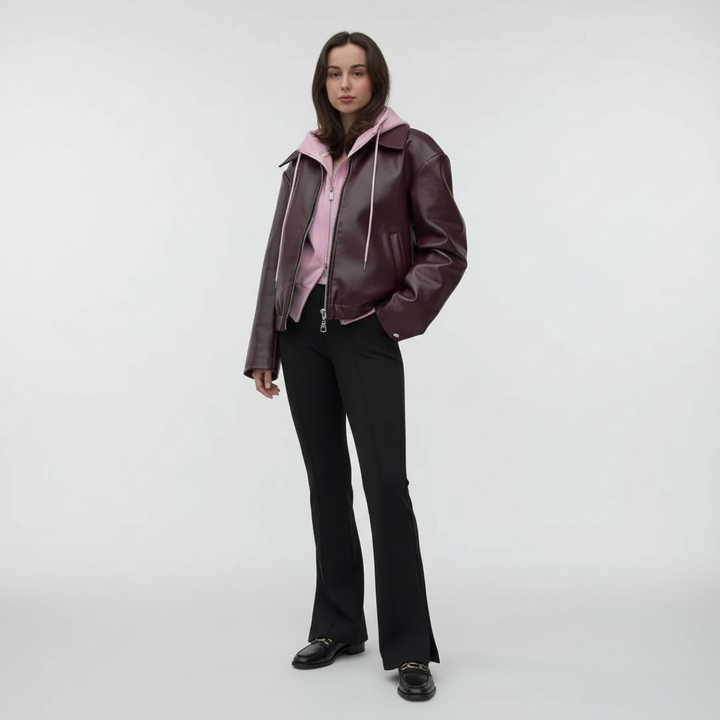 Mannequin wearing the 'Elena' women's vegan leather jacket, showcasing its fit and fashionable design
