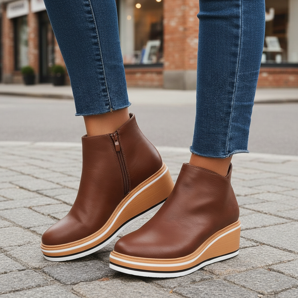 Women's black vegan leather platform ankle boots with side zipper, close-up of stylish comfortable footwear
