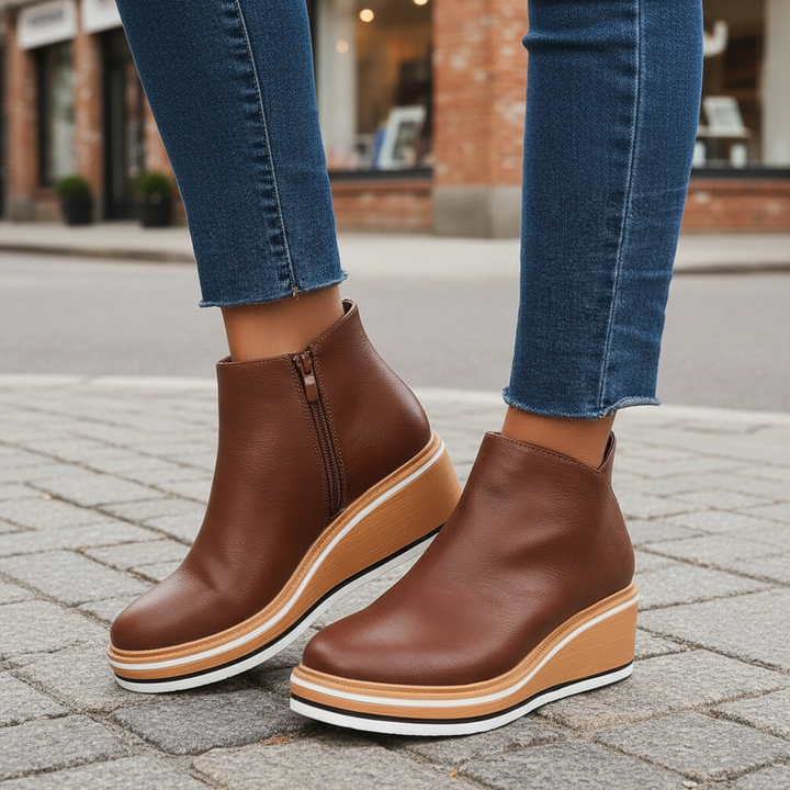 Women's black vegan leather platform ankle boots with side zipper, close-up of stylish comfortable footwear
