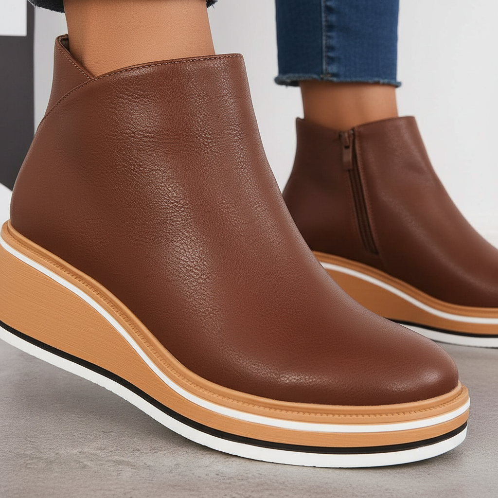 Black vegan leather platform ankle boots for women, showcasing a comfortable design and side zipper detail