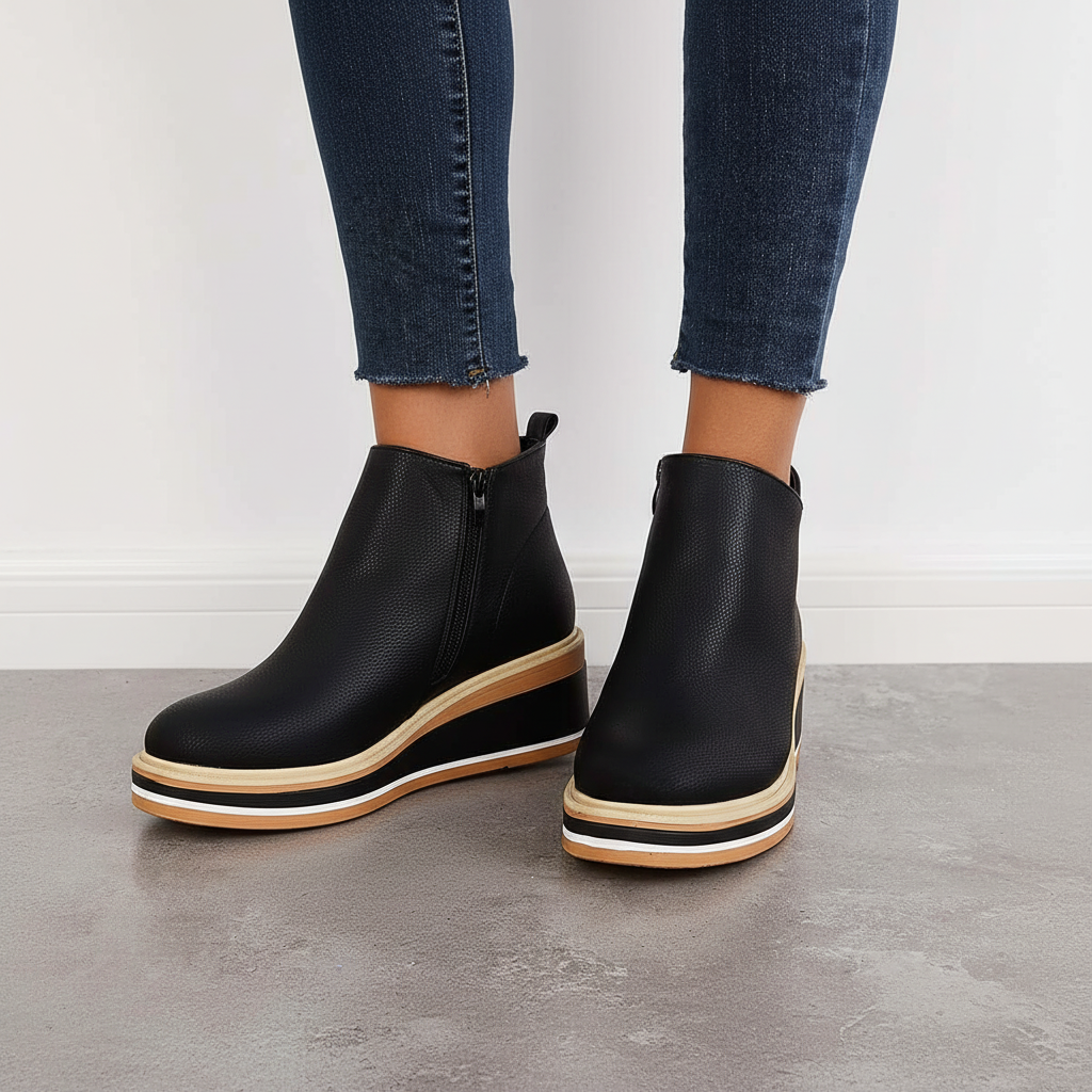 Close-up of the textured vegan leather on women's platform ankle boots, ideal for stylish autumn outfits
