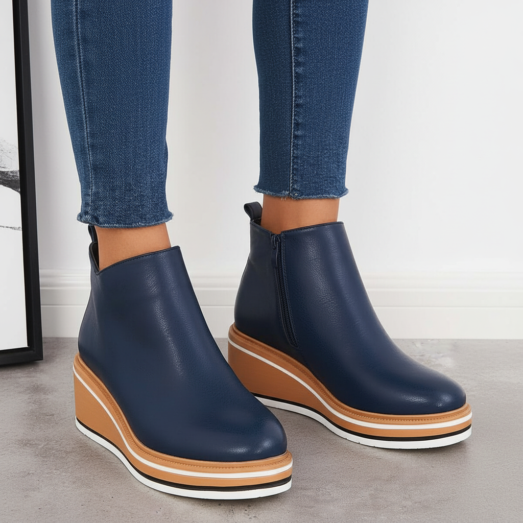 Women's platform ankle boots in black vegan leather, featuring a sturdy platform sole and convenient side zipper