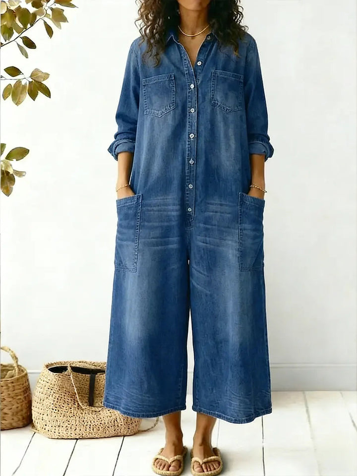 Versatile women's blue wide leg button-up jumpsuit with long sleeves, perfect for summer outfits & relaxed travel.