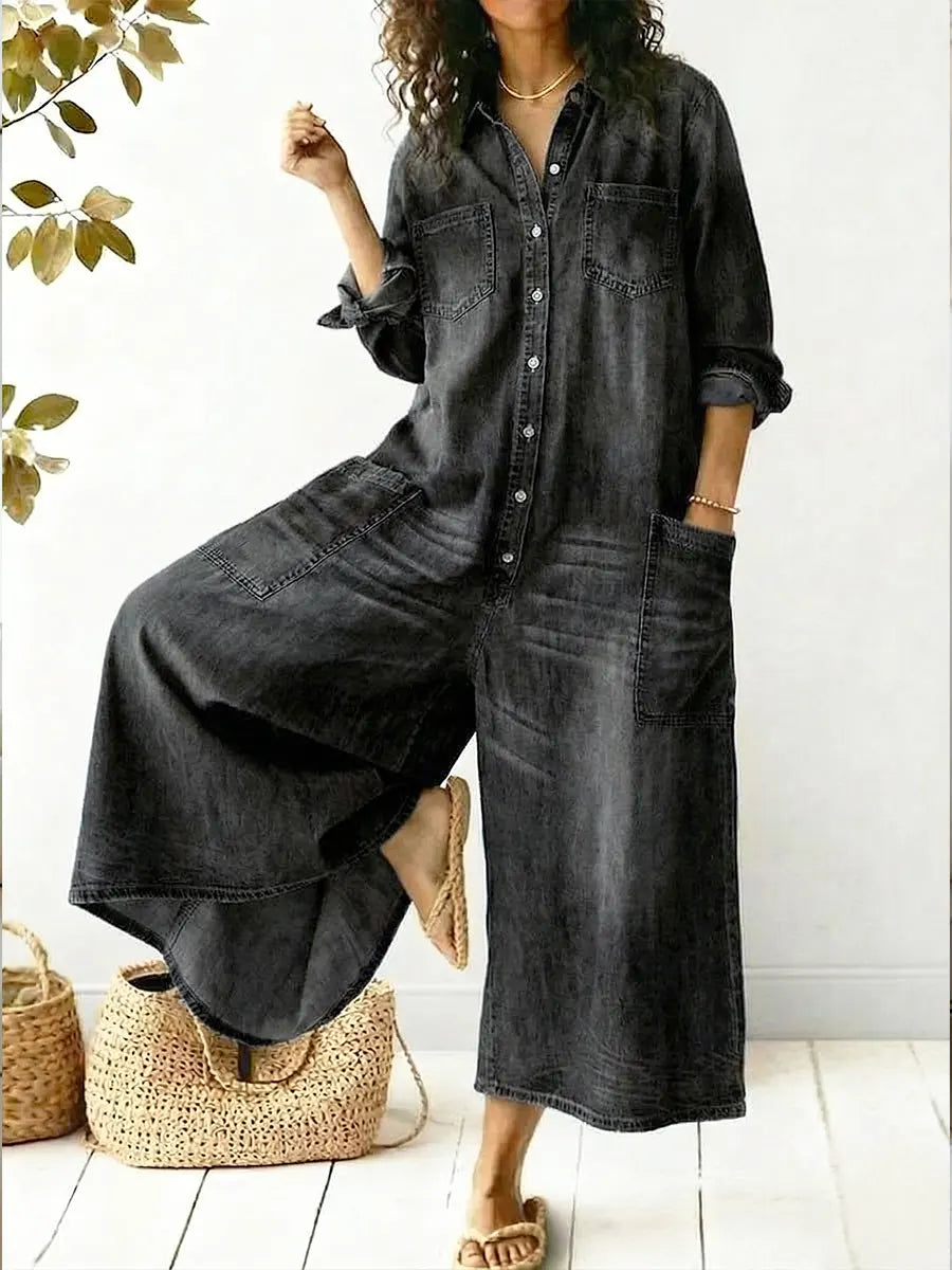 Comfortable women's wide leg button-up jumpsuit in utility style. Long sleeve, relaxed fit for everyday casual wear.