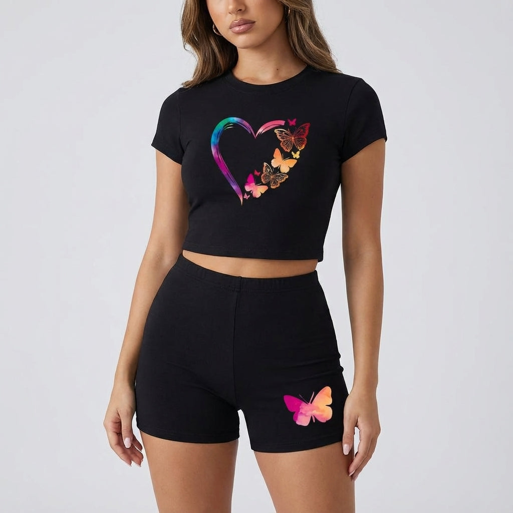 Casual summer outfit: womens crop top & shorts set featuring a vibrant butterfly and heart print