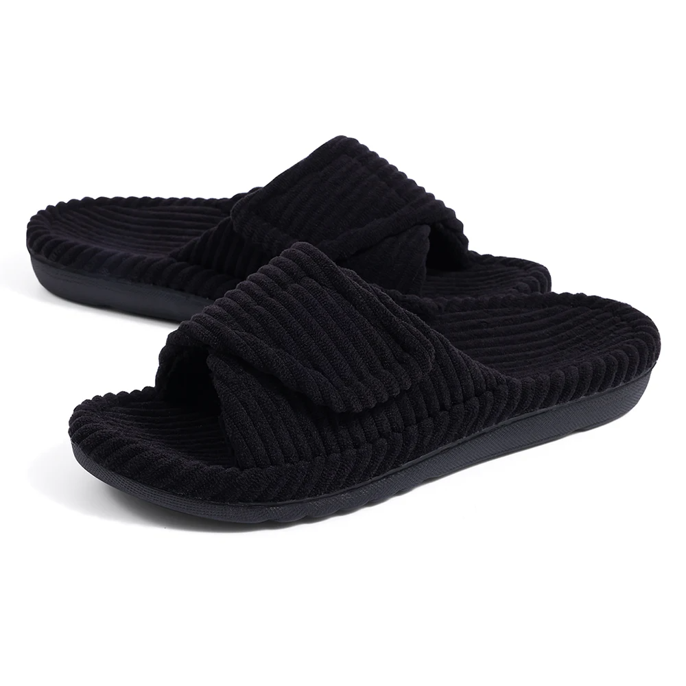Women's Bliss Corduroy comfort slides; adjustable, cushioned, non-slip casual indoor slippers.