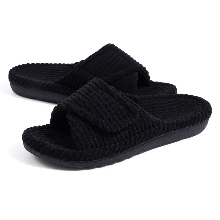 Women's Bliss Corduroy comfort slides; adjustable, cushioned, non-slip casual indoor slippers.