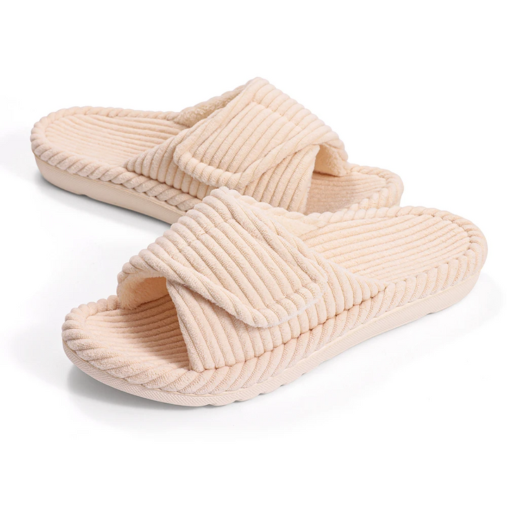 Women's Bliss Corduroy Comfort Slides, soft, cozy, and non-slip for indoor relaxation.