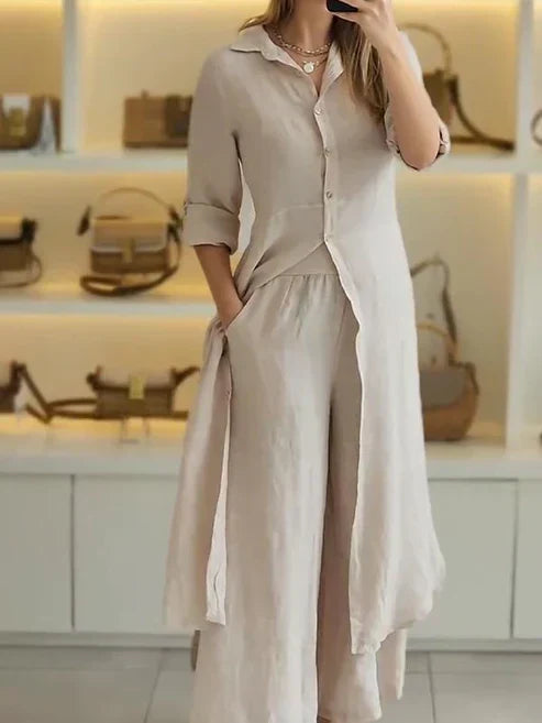 Versatile khaki button-down long dress with 3/4 sleeves, a chic choice for spring or resort wear.