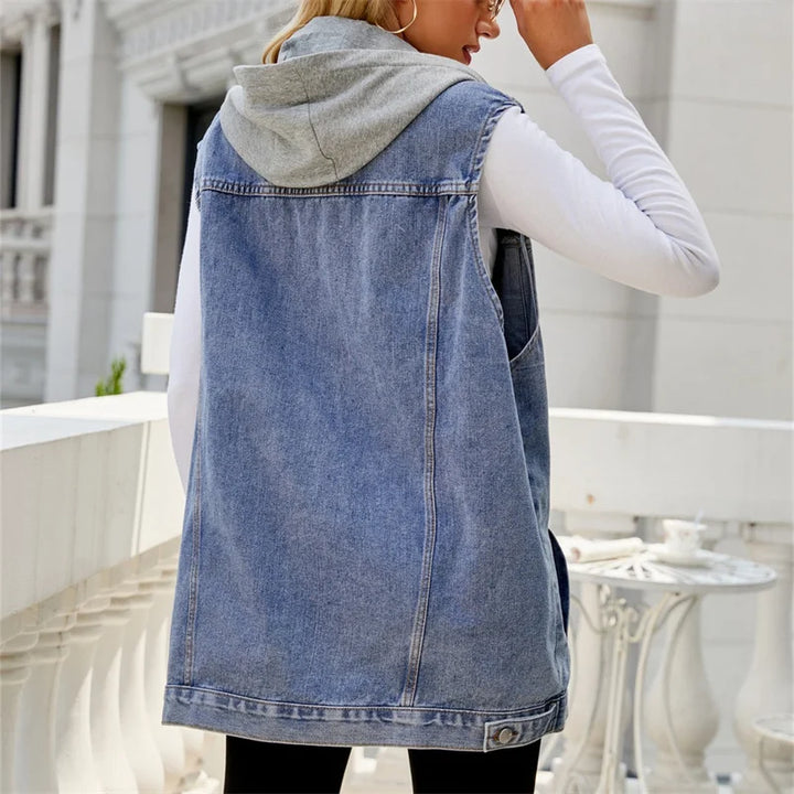 Black denim hooded vest for women, ideal for casual layering. A stylish sleeveless jacket for versatile wear.