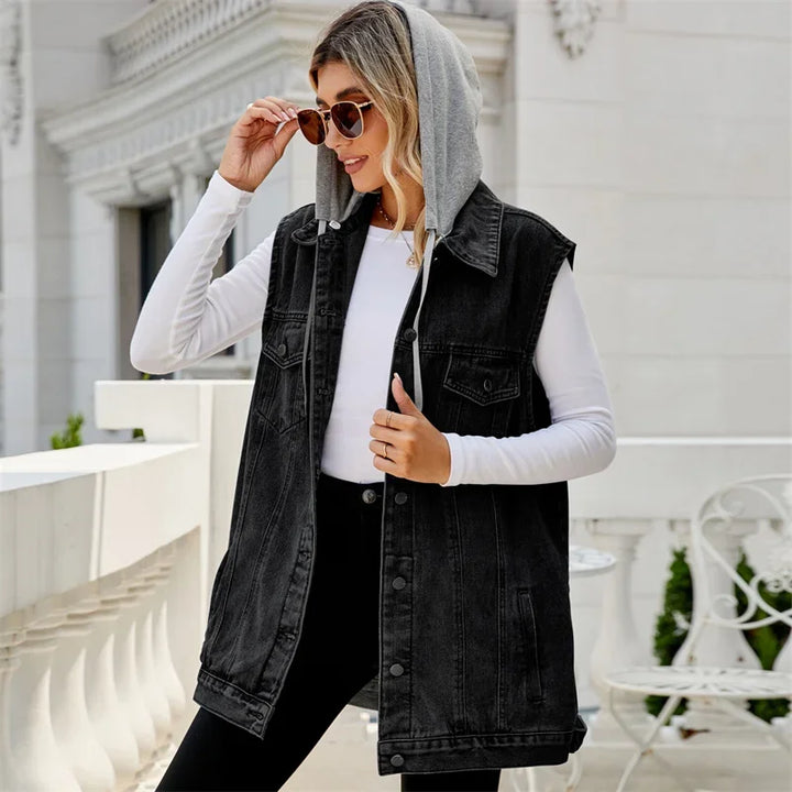 Casual women's denim vest with hood, available in blue or black. Effortless sleeveless jacket for everyday style.