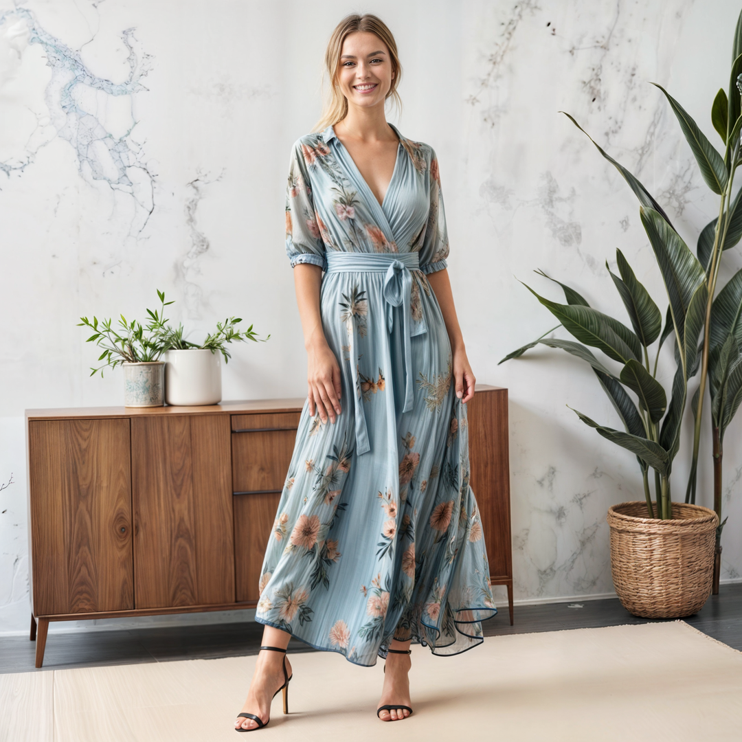 Elegant blue floral print long dress for women, featuring a V-neck, chic puff sleeves, and a flattering tie waist.