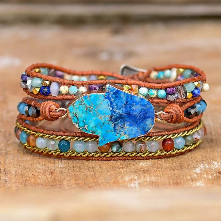 Women's blue Hamsa turquoise wrap bracelet, bohemian style, spiritual protection fashion jewelry