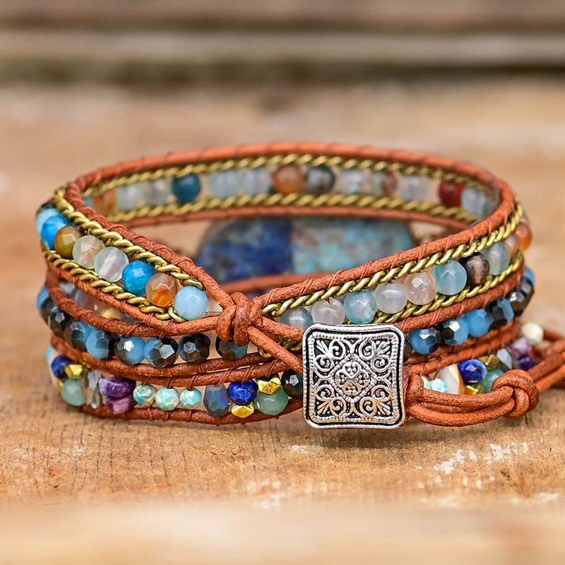 Stylish women's blue Hamsa turquoise multi-wrap bracelet for healing and spiritual protection