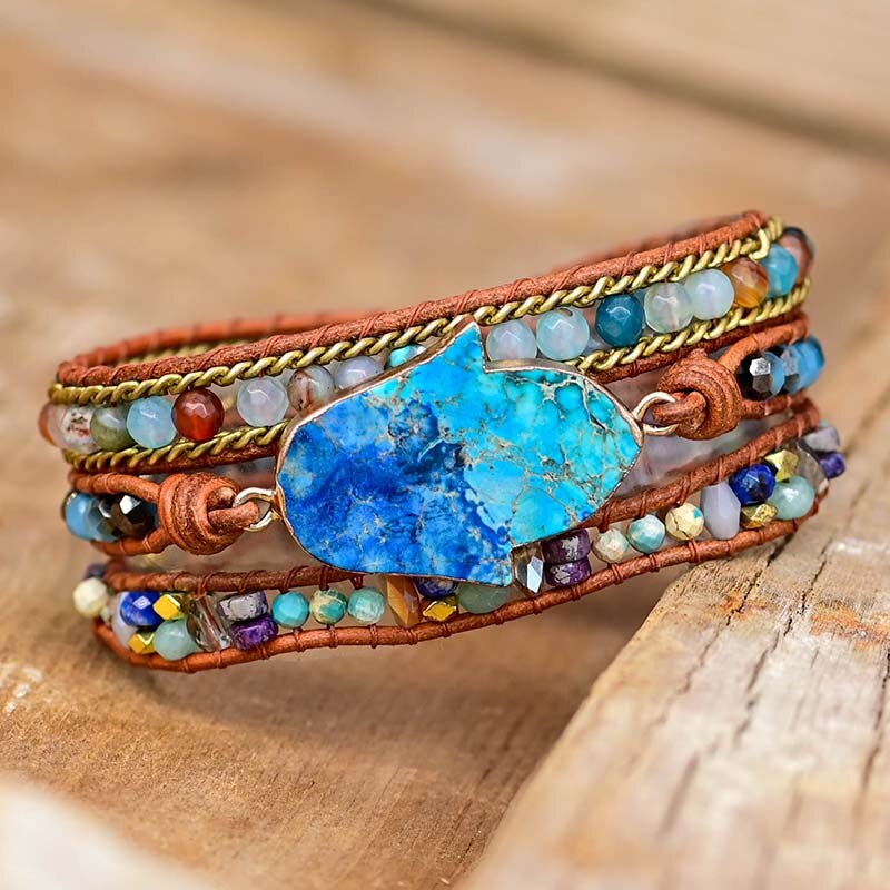 Bohemian blue Hamsa and turquoise bead wrap bracelet, women's fashion healing jewelry