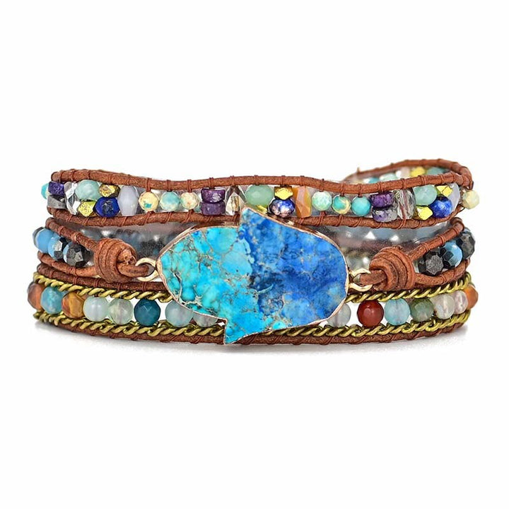 Healing turquoise and Hamsa charm blue wrap bracelet for women, spiritual bohemian jewelry