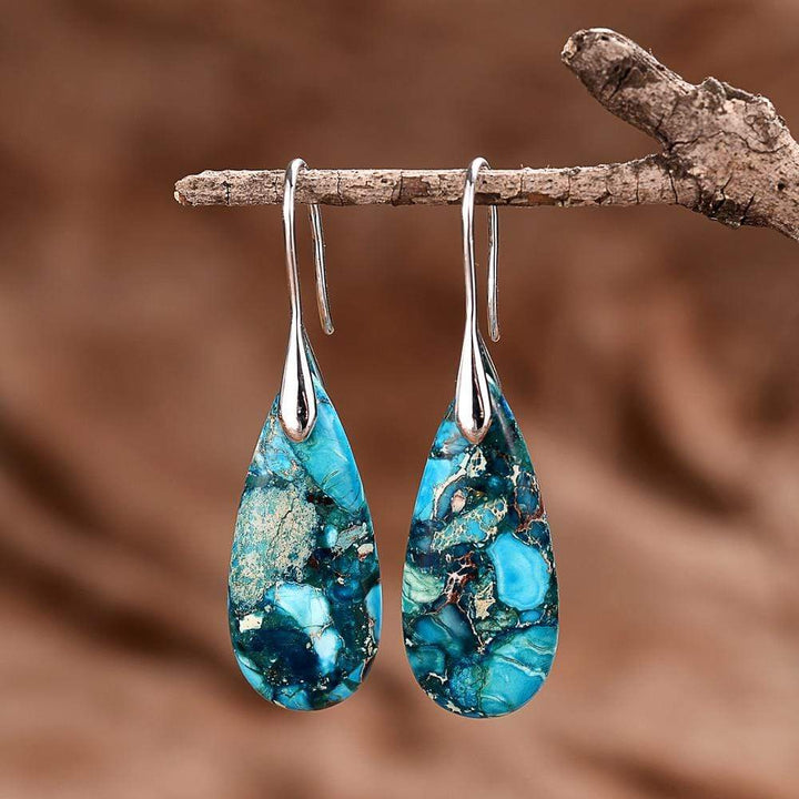 Women's blue jasper drop earrings. Natural stone jewelry for inner strength & harmony. Boho fashion accessory.