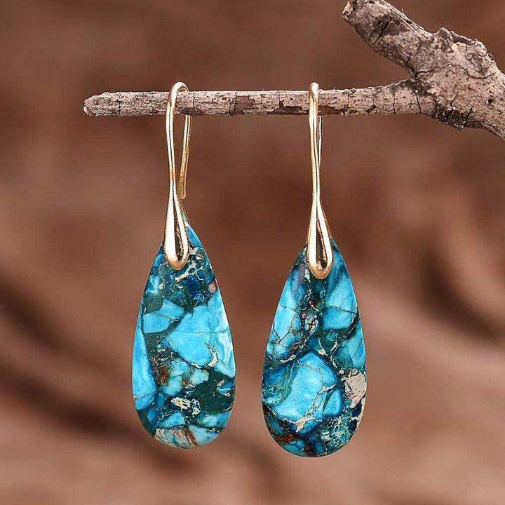 Boho blue jasper drop earrings. Healing crystal spiritual jewelry for women. Elegant everyday wear.