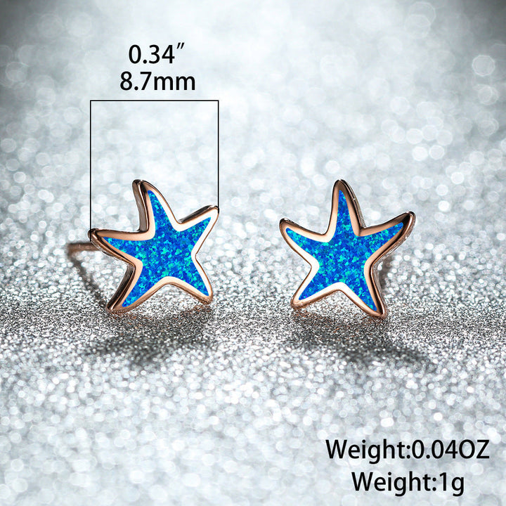 Shimmering blue opal starfish earrings for women, elegant and beach-ready jewelry.