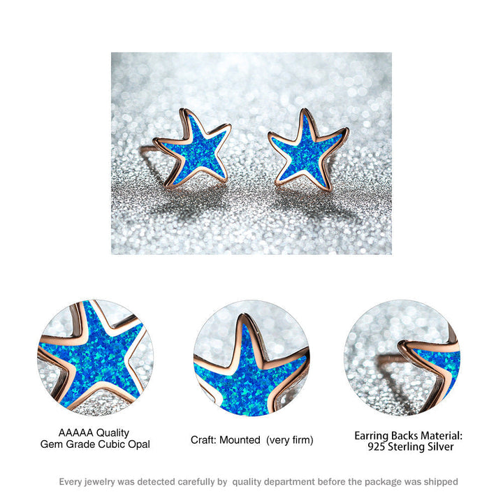 Dainty blue opal starfish studs, women's silver earrings, subtle ocean elegance.