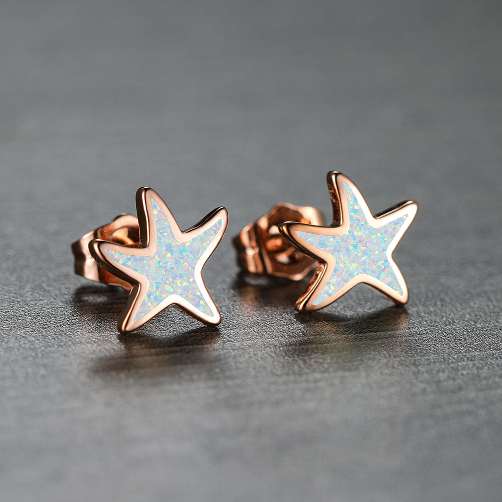 Beautiful blue opal starfish earrings, sterling silver, a unique ocean gift for her.
