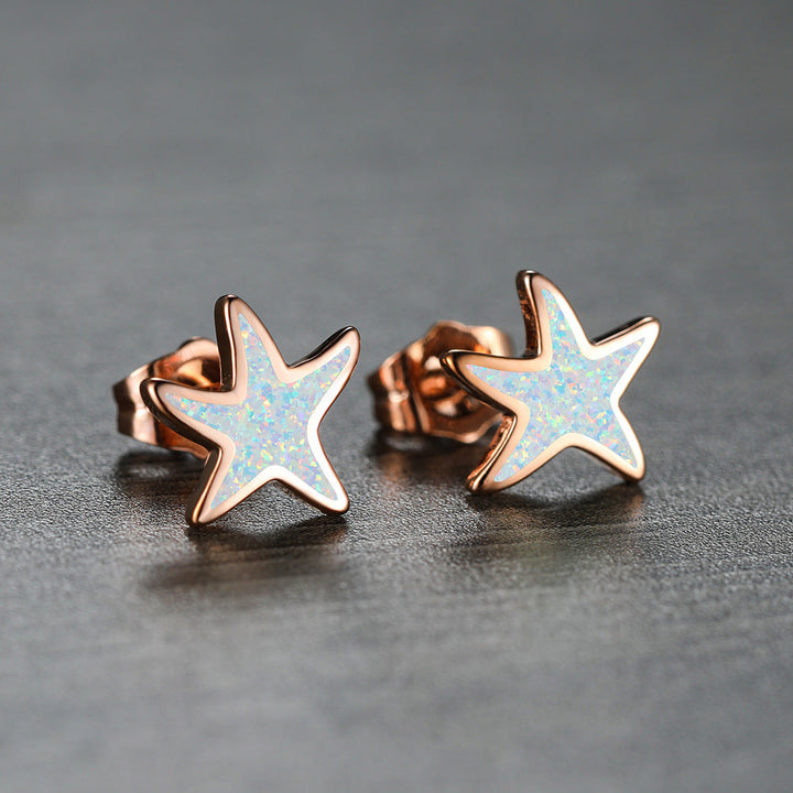 Beautiful blue opal starfish earrings, sterling silver, a unique ocean gift for her.