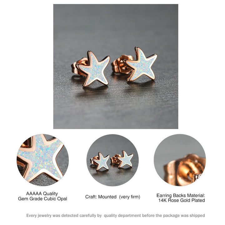 Elegant blue opal starfish earrings in rose gold, women's delicate sea-themed jewelry.