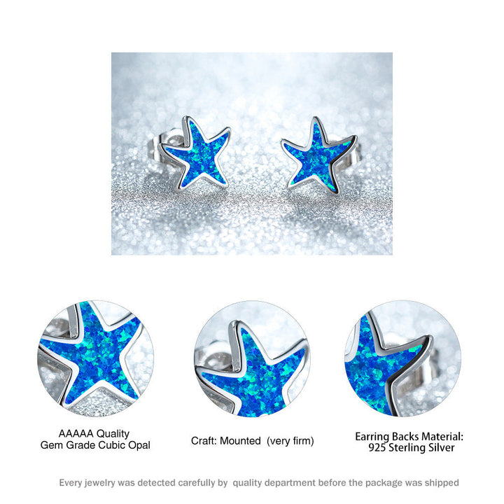 Close-up of blue opal starfish earrings, intricate ocean-themed jewelry for women.