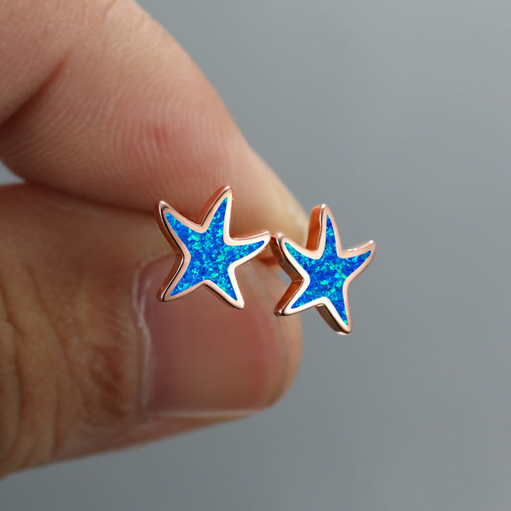 Rose gold blue opal starfish earrings, women's ocean jewelry, a charming gift.