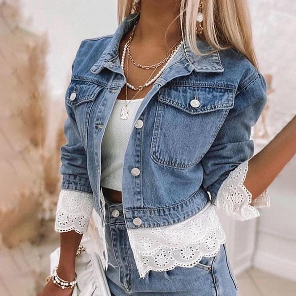 Women's blue patchwork denim jacket, a unique statement piece for casual everyday style and layering.