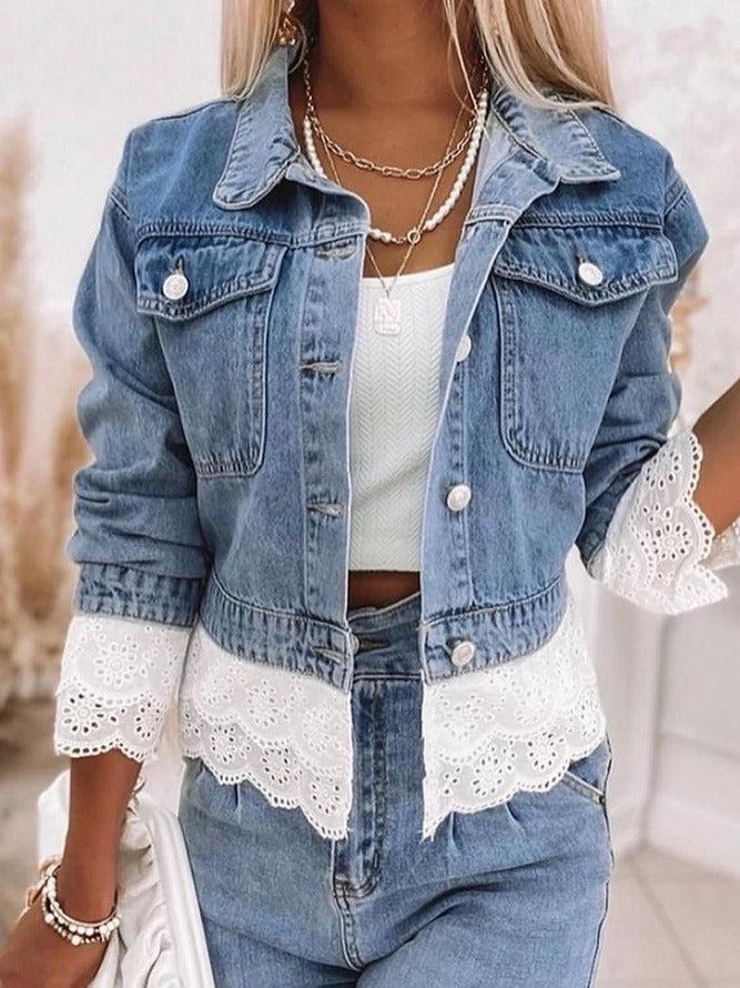 Trendy women's blue patchwork jacket, perfect for spring/fall fashion & stylish layering. Relaxed fit design.