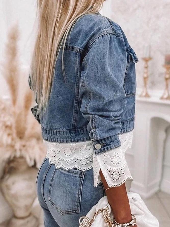 Unique women's patchwork denim jacket in blue shades. A casual outerwear statement piece for any season.
