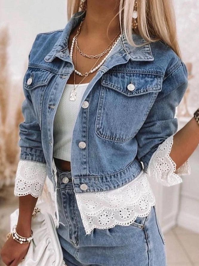 Fashionable women's blue patchwork denim jacket, a trendy relaxed-fit outerwear for unique casual style.