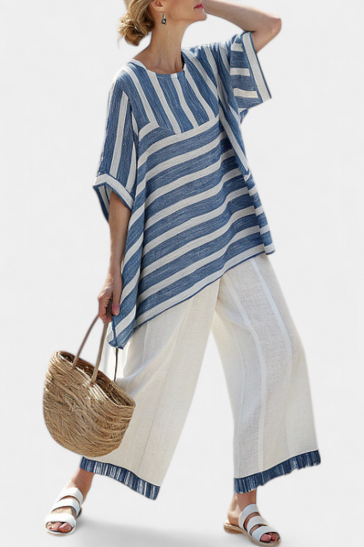 Women's blue striped batwing top & wide leg pant set, perfect for summer casual or resort wear.