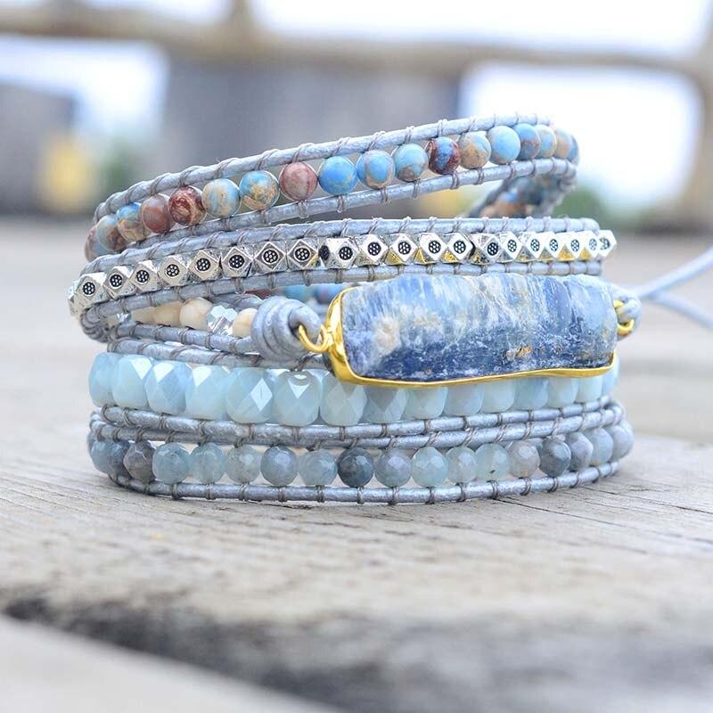 Boho style blue topaz and jasper wrap bracelet for women, spiritual jewelry