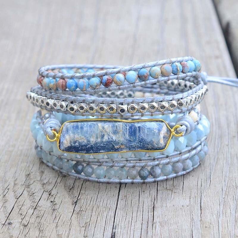 Aurina women's blue topaz and agate wrap bracelet, handcrafted healing jewelry