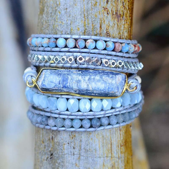 Women's Blue Topaz & Jasper wrap bracelet, healing gemstone jewelry for spiritual boho style
