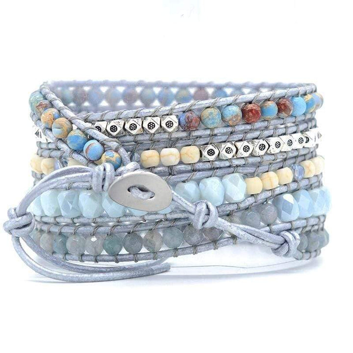 Detailed shot of women's Blue Topaz & Jasper wrap bracelet, natural healing crystal jewelry
