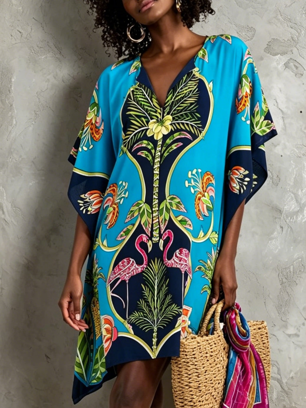 Women's blue tropical print midi dress featuring a flattering V-neck, batwing sleeves, and flowy kaftan style.